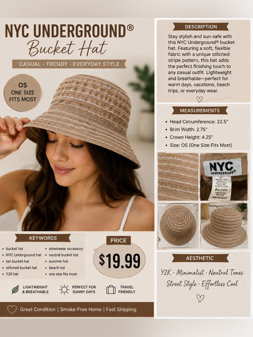 Neutral Tan Women's Sun Hat with White Stitching